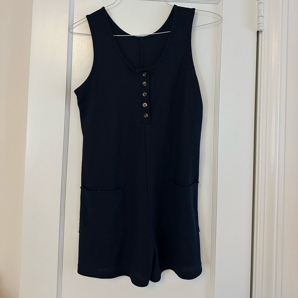 SHEIN Navy Ribbed Henley Romper One-Piece